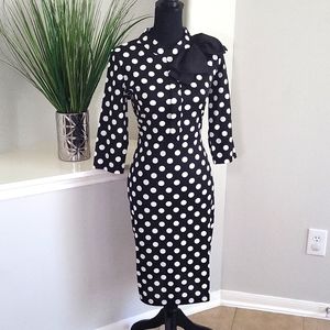 Black and White Polka Dot Dress with Bow Accent on Shoulder